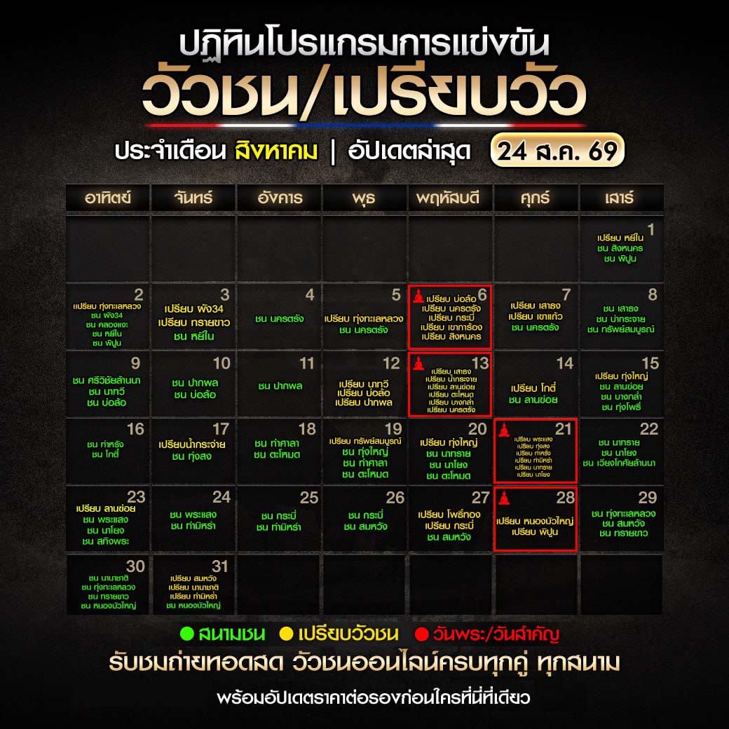 ปฏิทินวัวชน สิงหาคม 2569